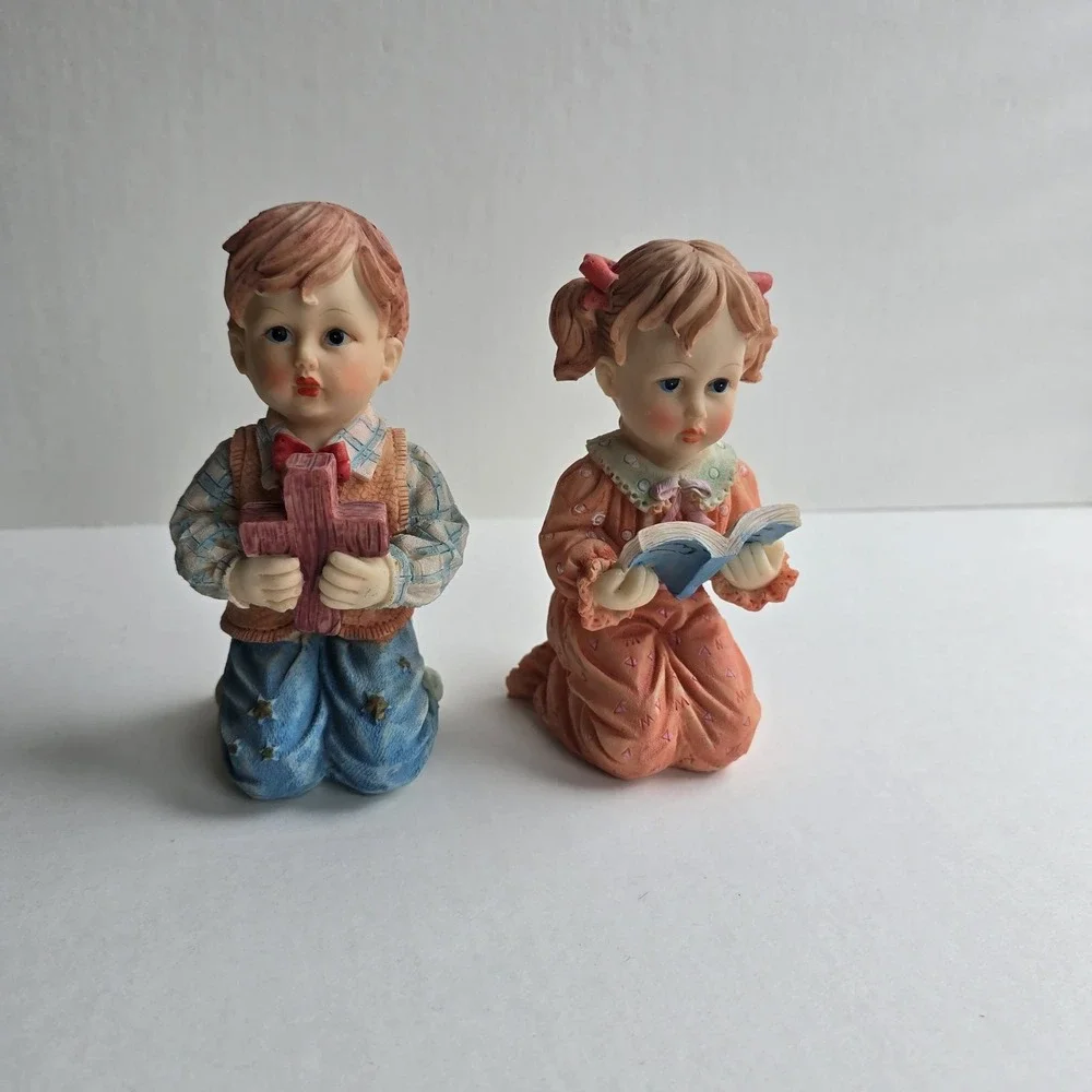 Vintage Praying Boy and Girl Figurines Resin Religious Statues Set of 2